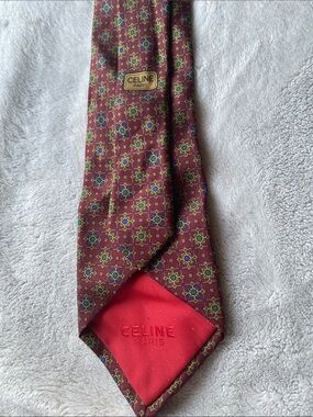 Celine Red Burgundy Silk Tie with Blue and Gold Motif